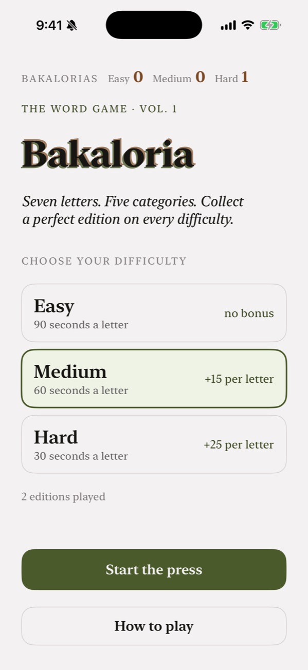 Home screen with Easy, Medium and Hard difficulty cards and Bakaloria counts per difficulty.