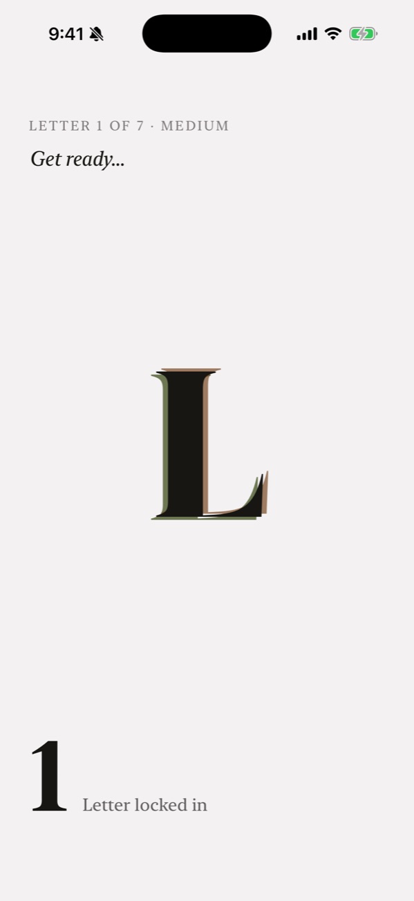 Countdown screen locking in the next letter.