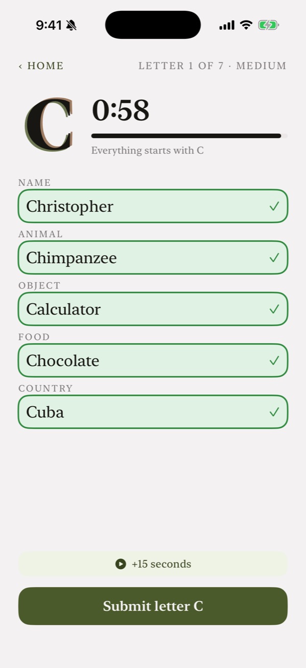 A Bakaloria round for the letter C, with Christopher, Chimpanzee, Calculator, Chocolate and Cuba all marked correct.